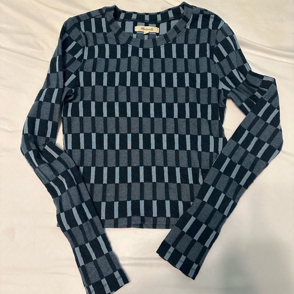 Madewell Tops - Madewell Blue Checkered Fitted Ribbed Long Sleeve Top